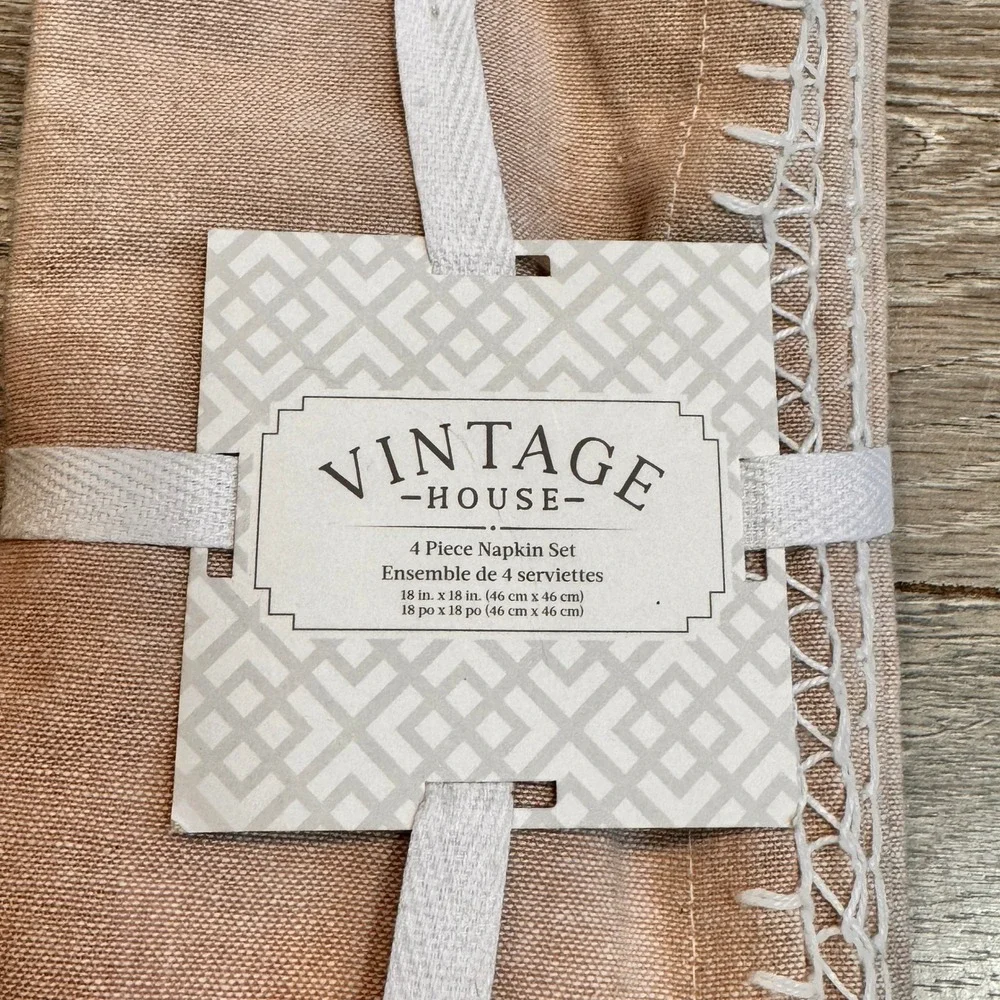 Vintage House 4 Piece Napkin Set Dark Beige‎ Embroidered Hem 18x18 inches